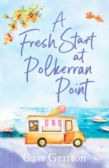 A book cover with a watercolor illustration of an ice cream truck by the sea.