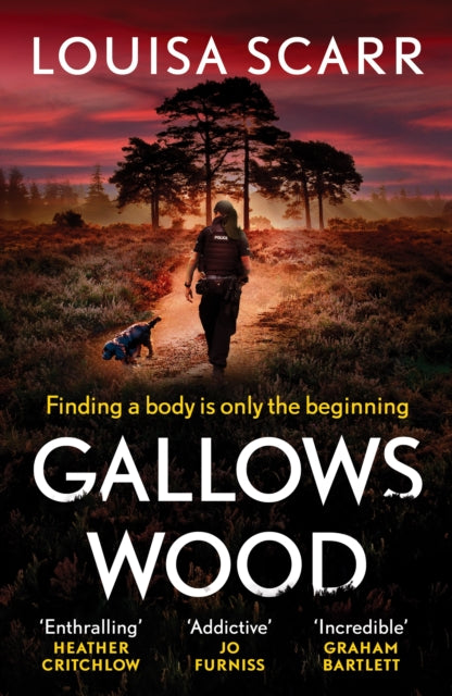 Gallows Wood book cover with a police officer and dog in a forest.