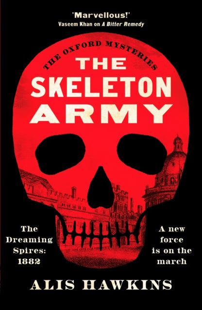 The Skeleton Army book cover features a red skull over an illustration of Oxford buildings.