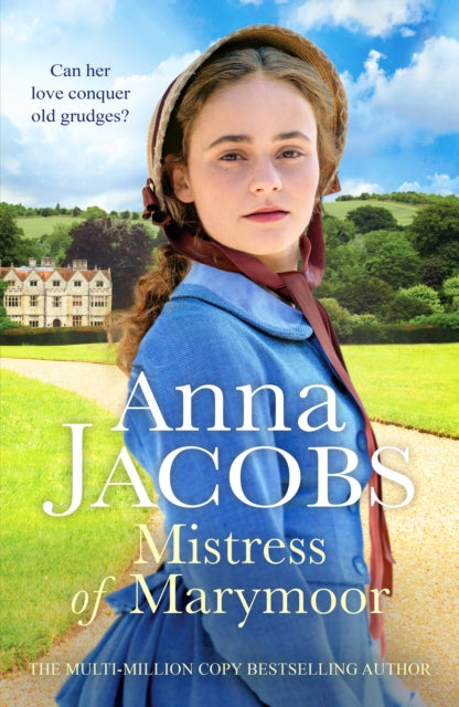 A book cover features a young woman in a bonnet and blue dress, with a manor house in the background.