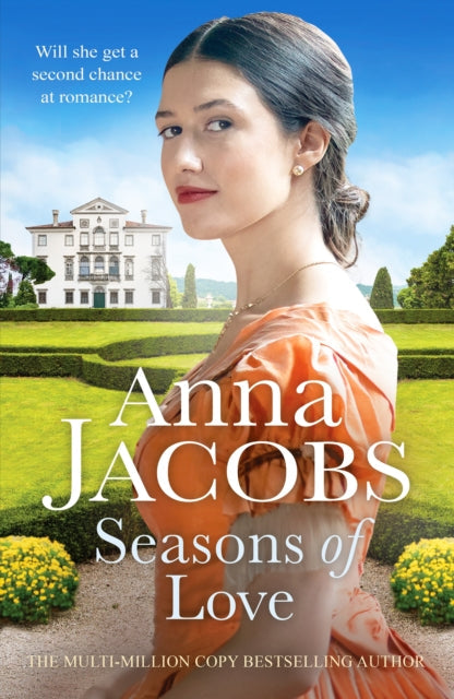 Book cover for "Seasons of Love" by Anna Jacobs, featuring a woman in an orange dress.