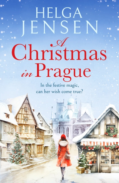 A Christmas in Prague book cover with a snowy street and a woman in a red coat.