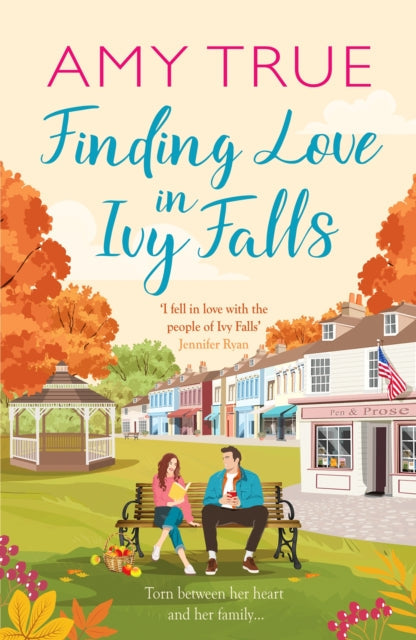 Book cover for Finding Love in Ivy Falls featuring a couple on a bench with autumn scenery.