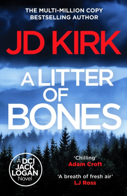 A Litter of Bones by JD Kirk book cover with a dark, misty forest background.