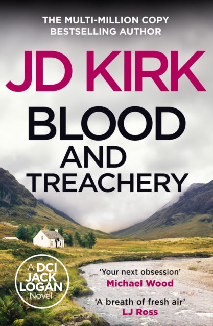 Blood and Treachery book cover with a Scottish landscape and title.