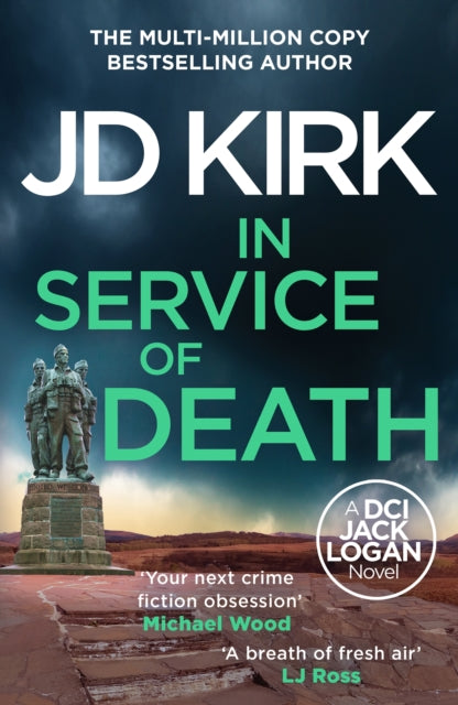 JD Kirk's "In Service of Death" book cover featuring a statue and dramatic sky.