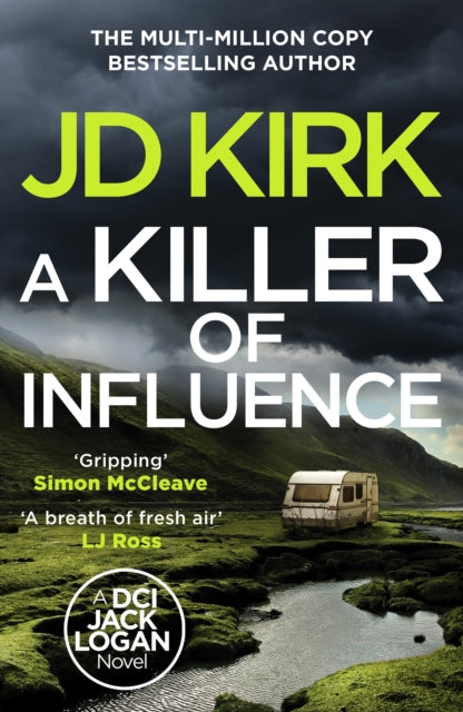 A Killer of Influence book cover with a camper van in a misty landscape.