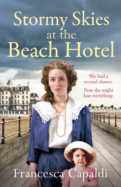 Stormy Skies at the Beach Hotel book cover with a woman and child.