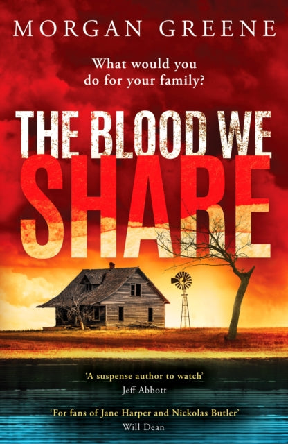 The Blood We Share book cover with a house and windmill.