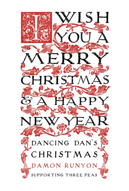 A Christmas greeting with decorative red scrollwork and text.