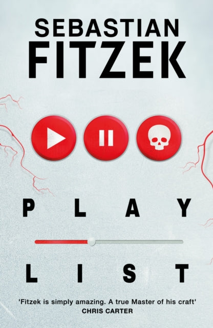 Book cover for "Playlist" by Sebastian Fitzek with play, pause, and skull icons.