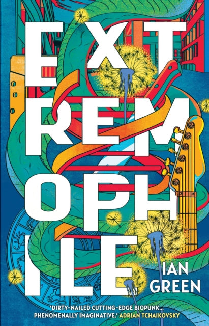 Extremophile book cover with bold white text and colorful abstract art.