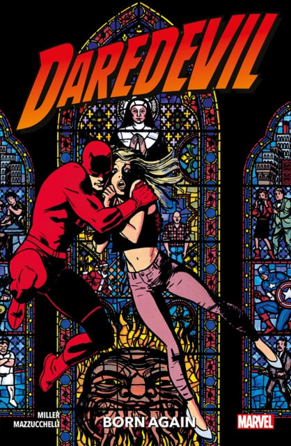 Daredevil: Born Again comic cover featuring Daredevil and Karen Page in front of stained glass.