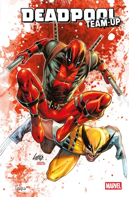 Deadpool and Wolverine in a dynamic action pose on a red splatter background.