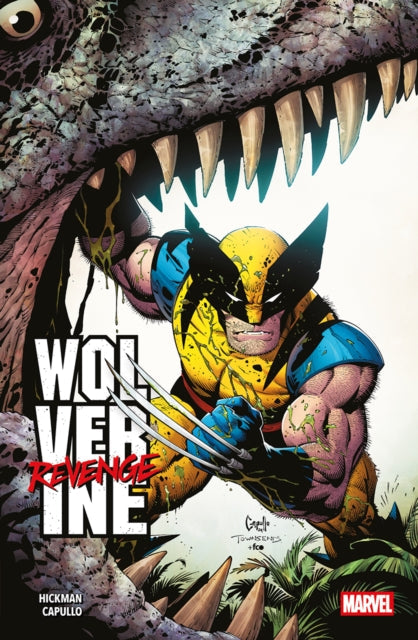 Wolverine comic book cover with a dinosaur and jungle background.