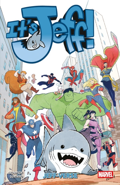 Comic book cover featuring Jeff the Shark and various Marvel superheroes.