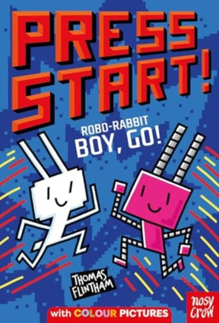 Press Start Robo-Rabbit Boy Go! book cover with two pixelated robots.