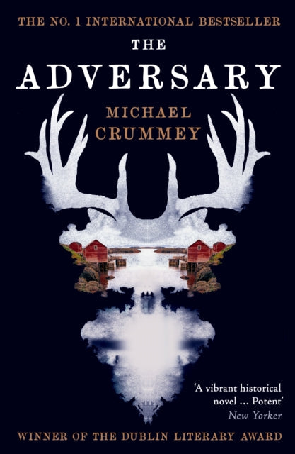 The Adversary book cover with deer antlers and houses.