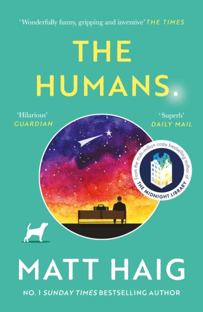 The Humans book cover with a man and dog looking at a starry sky.