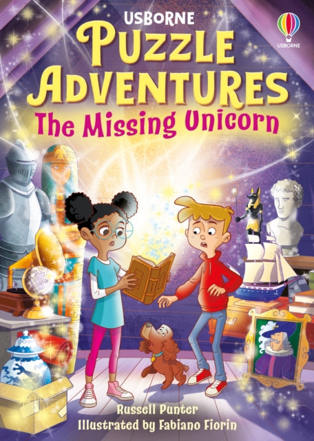 Usborne Puzzle Adventures: The Missing Unicorn book cover with children and a dog.