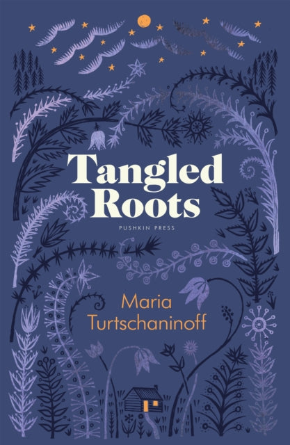 Book cover for Tangled Roots by Maria Turtchaninoff with a dark blue background and botanical illustrations.