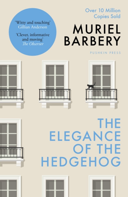 The Elegance of the Hedgehog book cover with windows and a cat.