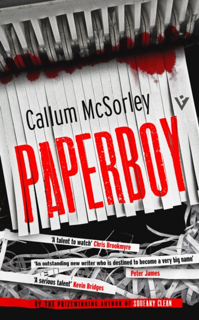 Book cover for Paperboy by Callum McSorley, with shredded paper and blood.