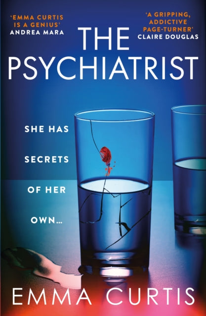 The Psychiatrist book cover with a cracked glass of water and a red drop.