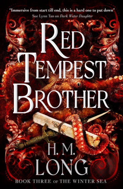 Book cover for Red Tempest Brother by H. M. Long, featuring an octopus and a sword.