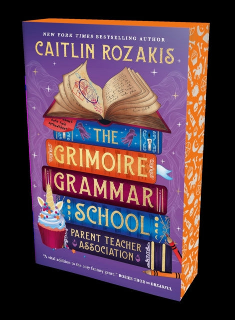 The Grimoire Grammar School Parent Teacher Association book cover features a stack of books with a unicorn cupcake.