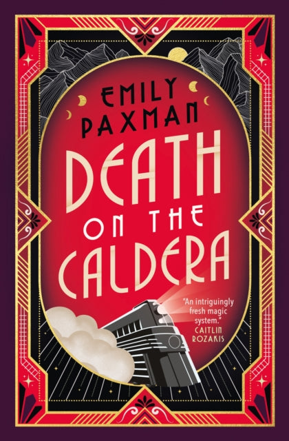 Book cover for Death on the Caldera featuring a train and mountains.