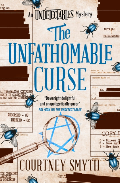 The Unfathomable Curse book cover with blue beetles and a magnifying glass.