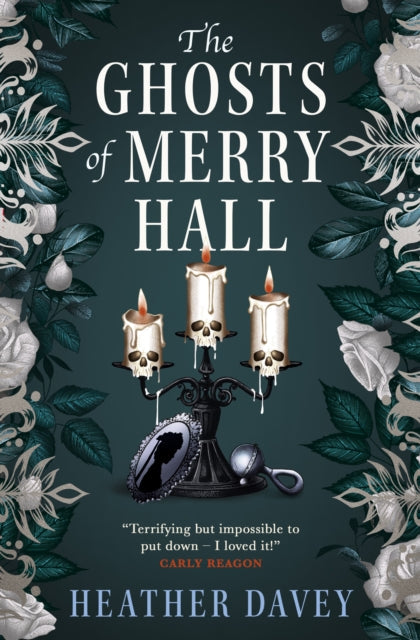 The Ghosts of Merry Hall book cover with skull candles and floral accents.