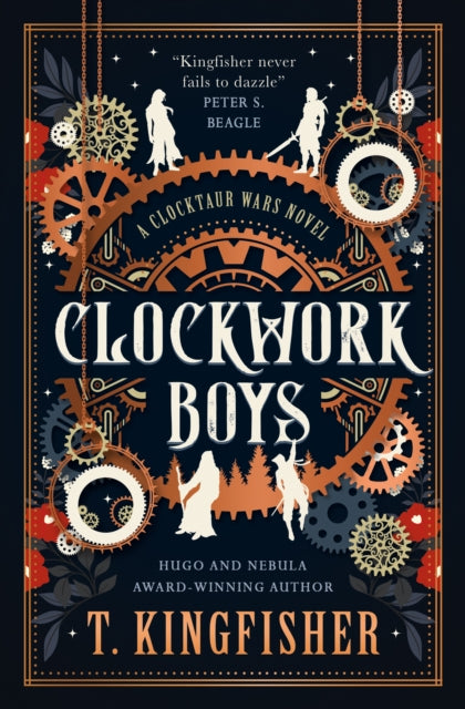 Clockwork Boys book cover with gears and silhouetted figures.
