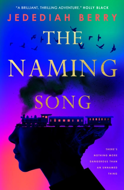 Book cover for The Naming Song featuring a silhouette of a head with a train on top.