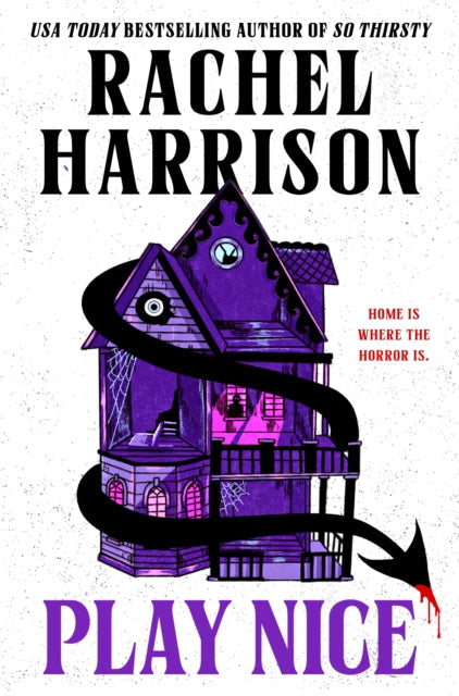 Book cover for "Play Nice" by Rachel Harrison featuring a purple haunted house.