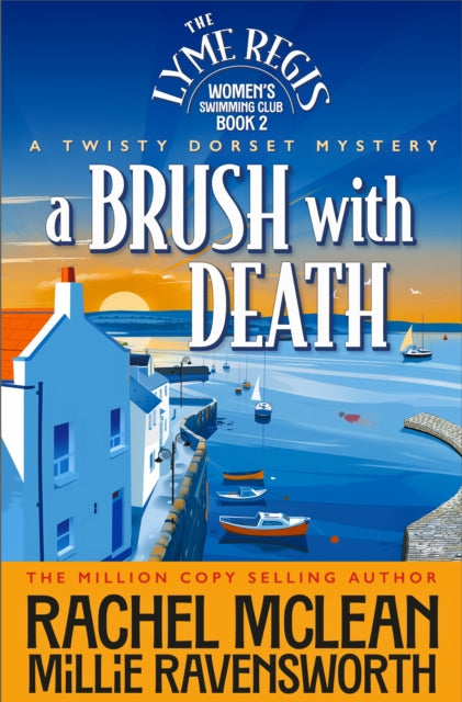 A Brush with Death book cover featuring a coastal town and boats.