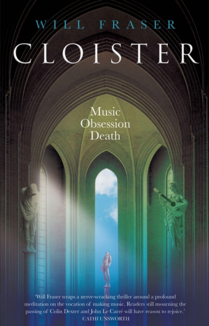 Cloister book cover featuring architectural arches and statues.