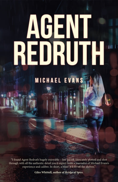 Agent Redruth book cover with a woman on a rainy street at night.