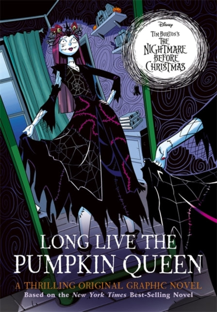 The graphic novel "Long Live the Pumpkin Queen" features Sally in a black, tattered dress with spiderweb designs.
