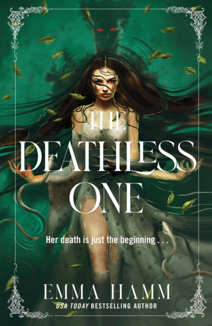 The Deathless One book cover features a woman with dark hair and red eyes in a white dress, with a shadowy figure behind her.
