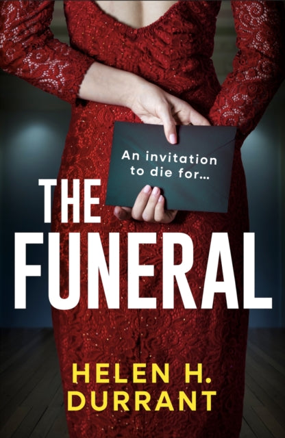 The Funeral book cover with a woman in a red dress holding an invitation.