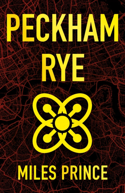Peckham Rye book cover with yellow text and a graphic symbol on a map background.