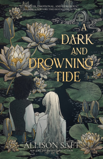 Book cover for A Dark and Drowning Tide featuring water lilies and two figures.