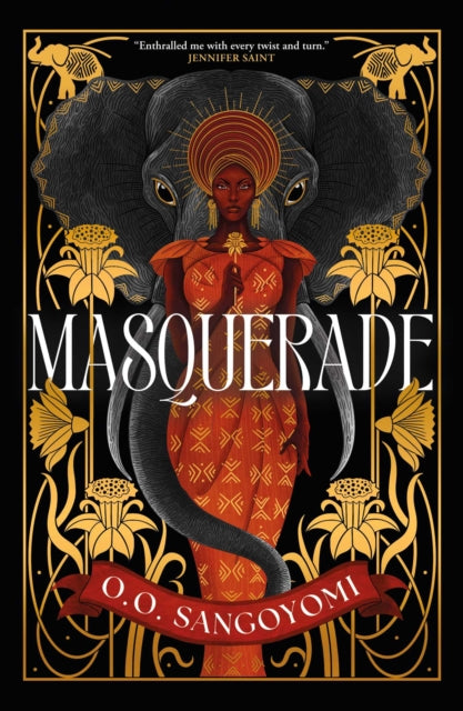 Masquerade book cover featuring a woman in an orange dress and an elephant.