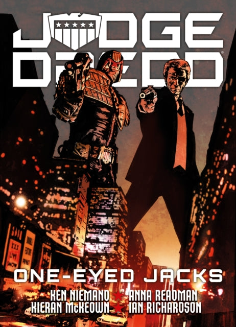 Judge Dredd: One-Eyed Jacks comic book cover featuring two men with guns in a city.