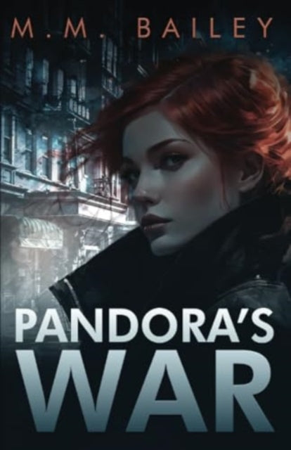 Pandora's War book cover featuring a woman with red hair and a city background.