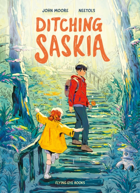 Ditching Saskia book cover art featuring two children on a forest path.