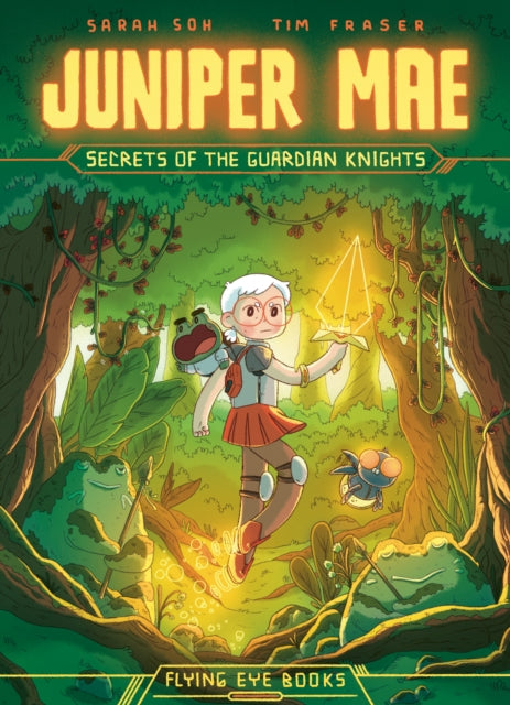 Juniper Mae: Secrets of the Guardian Knights book cover featuring a girl with white hair and a frog backpack.