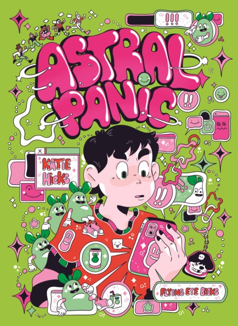 Astral Panic book cover with a boy and cartoon characters.